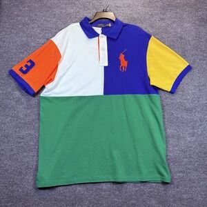 Polo Ralph Lauren Mesh Color Block Polo Shirt Men XLT Pique Big Orange Pony
